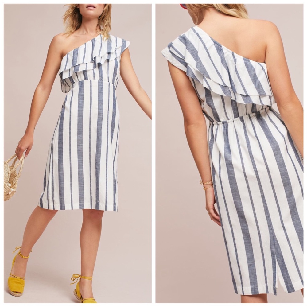 Anthropologie White and Blue One-Shoulder Striped Ruffle Dress
